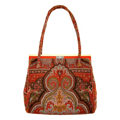 Lot 293 - Gold, Platinum, Red Lacquer, Diamond and Tapestry Fabric Handbag, Van Cleef & Arpels, France