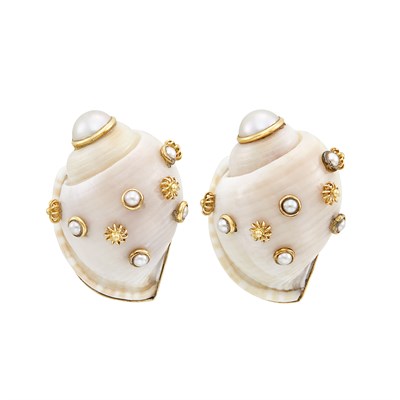 Lot 199 - Pair of Gold, Shell and Cultured Pearl Earclips, Maz
