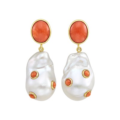 Lot 233 - Pair of Gold, Coral and Baroque Freshwater Pearl Pendant-Earrings, Maz