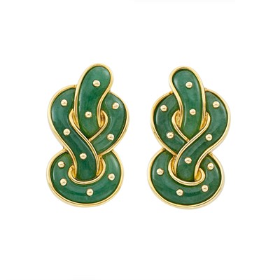 Lot 1 - Pair of Gold and Aventurine Quartz Pretzel Earclips, Angela Cummings