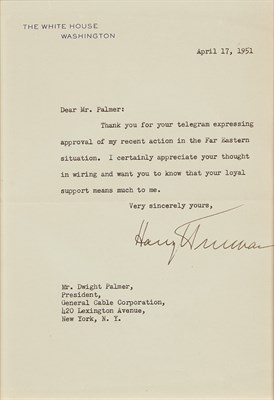 Lot 46 - TRUMAN, HARRY Typed letter signed as President....