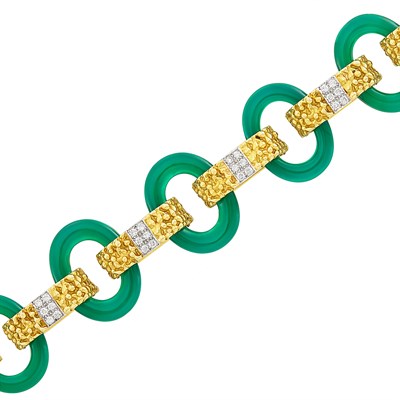 Lot 19 - Gold, Platinum, Green Onyx and Diamond Link Bracelet, Van Cleef & Arpels