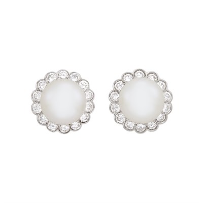Lot 502 - Pair of Platinum, Cultured Pearl and Diamond Earrings, Attributed to Harry Winston