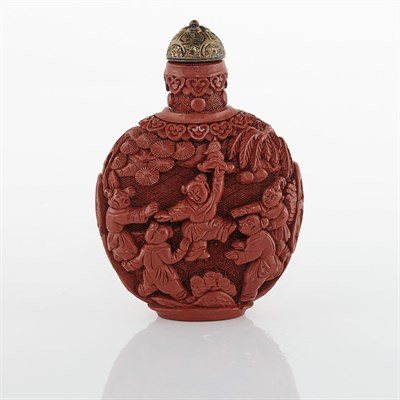 Lot 300 - Chinese Red Lacquer Snuff Bottle The flattened...