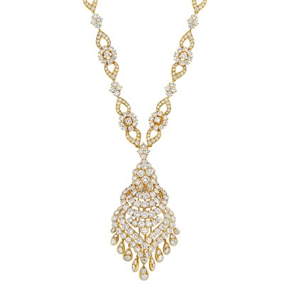 Lot 365 - Long Gold and Diamond Pendant-Brooch Necklace/Bracelets Combination, Van Cleef & Arpels, France