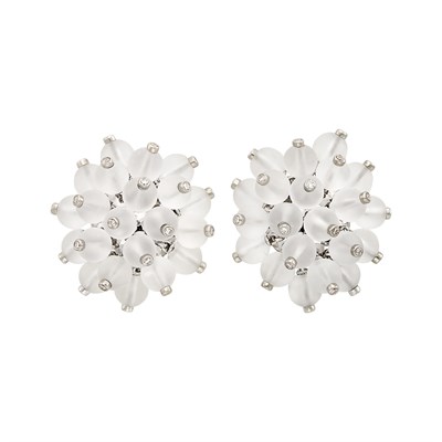 Lot 198 - Pair of White Gold, Frosted Rock Crystal Bead and Diamond Cluster Earclips, Aletto Brothers