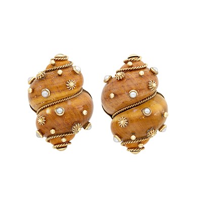 Lot 283 - Pair of Gold, Shell and Cultured Pearl Earrings, Maz