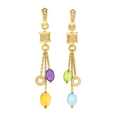 Lot 213 - Pair of Gold, Gem-Set Bead and Diamond 'B.Zero1' Fringe Pendant-Earrings, Bulgari