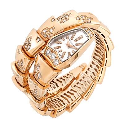 Lot 153 - Coiled Rose Gold, Mother-of-Pearl and Diamond 'Serpenti' Wristwatch, Bulgari