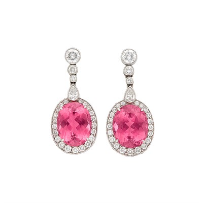 Lot 91 - Pair of Platinum, Pink Tourmaline and Diamond Pendant-Earrings