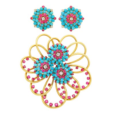 Lot 98 - Gold, Ruby, Turquoise and Diamond Clip-Brooch and Pair of Earclips