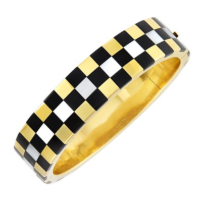 Lot 138 - Gold, Black Jade and Mother-of-Pearl Bangle Bracelet, Tiffany & Co.
