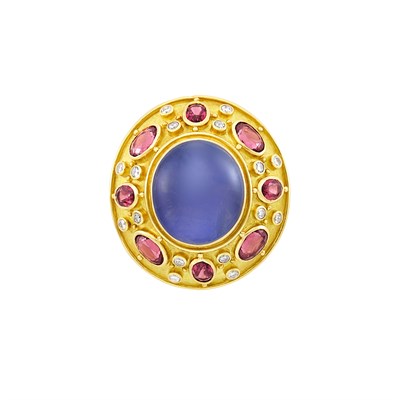 Lot 39 - Gold, Star Sapphire, Garnet and Diamond Ring, Elizabeth Gage