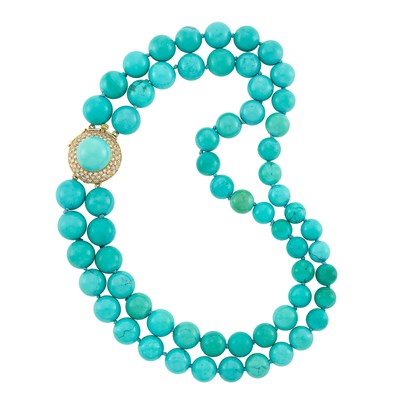 Lot 222 - Double Strand Turquoise Bead Necklace with Gold-Plated White Gold, Turquoise and Diamond Clasp