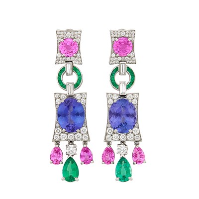 Lot 75 - Pair of Platinum, Pink Sapphire, Tanzanite, Emerald and Diamond Pendant-Earclips