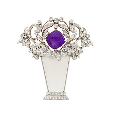 Lot 262 - Platinum, Gold, Frosted Rock Crystal, Amethyst and Diamond Bouquet Brooch