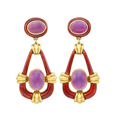 Lot 215 - Pair of Gold, Cabochon Amethyst and Red Enamel Pendant-Earclips, David Webb