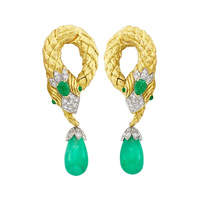 Lot 178 - Pair of Gold, Platinum, Emerald and Diamond Serpent Pendant-Earclips, David Webb