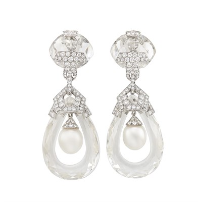 Lot 193 - Pair of Platinum, Rock Crystal, Diamond and South Sea Cultured Pearl Pendant-Earrings, David Webb