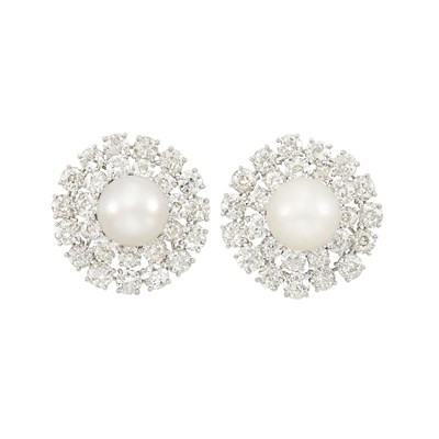 Lot 357 - Pair of Platinum, South Sea Cultured Pearl and Diamond Earclips, David Webb