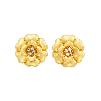 Lot 172 - Pair of Gold and Diamond 'Camelia' Flower Earclips, Chanel, France