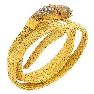 Lot 301 - Antique Coiled Gold and Diamond Snake Bracelet