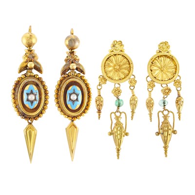 Lot 292 - Pair of Antique Gold, Enamel and Split Pearl Pendant-Earrings and Gold and Emerald Bead Pendant-Earrings