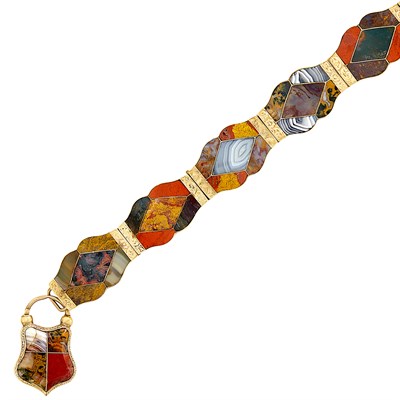 Lot 92 - Antique Low Karat Gold and Scottish Agate Charm Bracelet