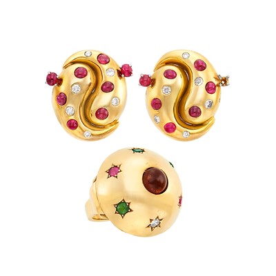 Lot 363 - Pair of Gold and Cabochon Ruby and Diamond Earclips and Gold, Cabochon Citrine and Gem-Set Dome Ring