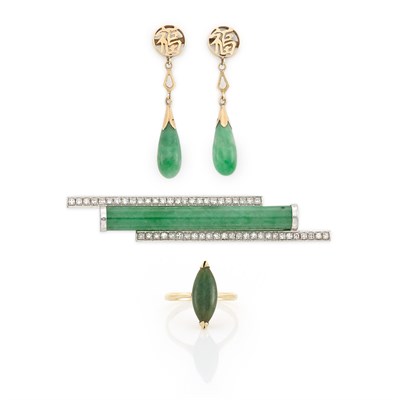 Lot 1586 - White Gold, Jade and Diamond Brooch, Gold and Jade Ring and Pair of Earrings