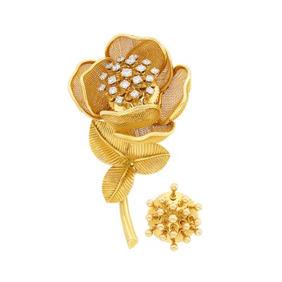 Lot 110 - Gold and Diamond 'En Tremblant' Mesh Flower Clip-Brooch, Piaget, France