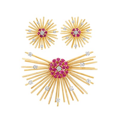 Lot 361 - Gold, Ruby and Diamond Sputnik Clip and Pair of Earclips