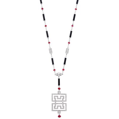 Lot 329 - White Gold, Black Onyx, Diamond and Ruby Bead Pendant-Necklace