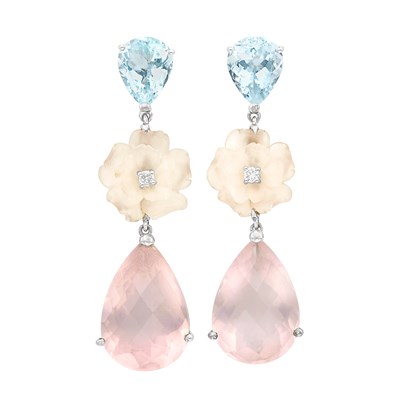 Lot 160 - Pair of White Gold, Aquamarine, Rose Quartz and Diamond Pendant-Earclips