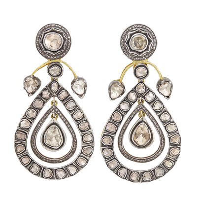 Lot 604 - Pair of Silver, Gold and Foil-Backed Diamond Pendant-Earrings
