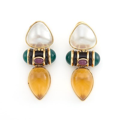 Lot 1603 - Pair of Gold, Mabé Pearl, Green Onyx, Cabochon Ruby and Citrine Pendant-Earrings