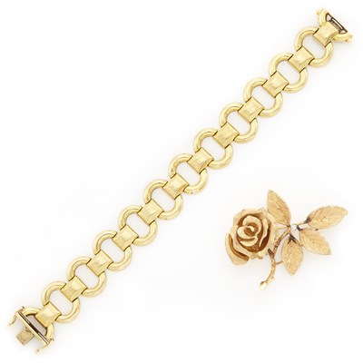 Lot 1492 - Gold Bracelet and Gold and Diamond Rose Brooch