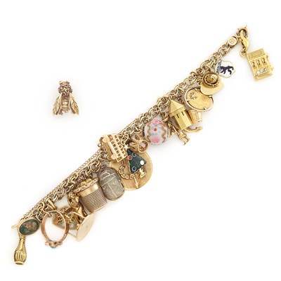 Lot 1708 - Gold, Low Karat Gold, Gilt-Metal, Hardstone and Ceramic Charm Bracelet and Bee Pin