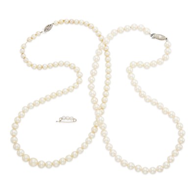 Lot 1289 - Cultured Pearl Necklace with Silver Clasp, Mikimoto, and Cultured Pearl Necklace with White Gold Clasp