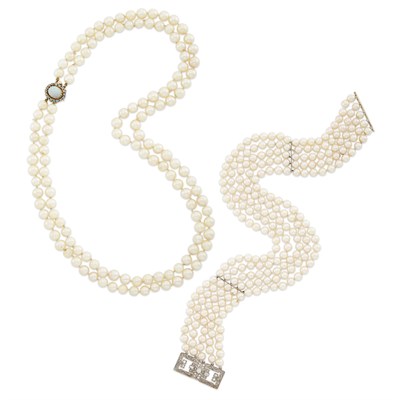 Lot 1188 - Multistrand Cultured Pearl, White Gold and Diamond Choker Necklace and Double Strand Cultured Pearl Necklace with Gold and Opal Clasp