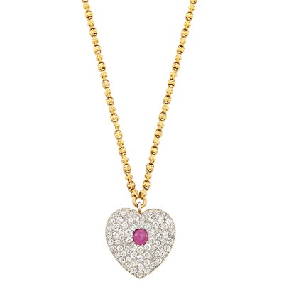 Lot 75 - Antique Platinum, Gold, Star Ruby and Diamond Pendant-Brooch with Gold Chain