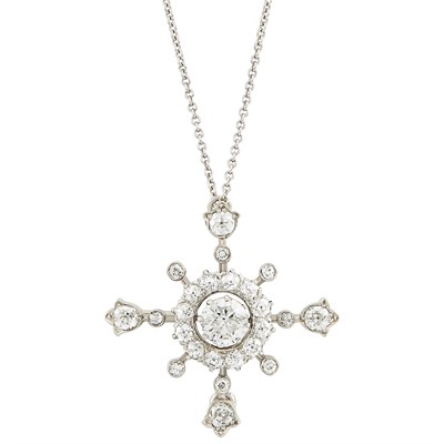 Lot 127 - Platinum and Diamond Pendant-Brooch with White Gold Chain