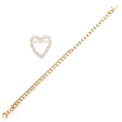Lot 1219 - Gold and Brown Diamond Bracelet and Metal and Diamond Heart Brooch