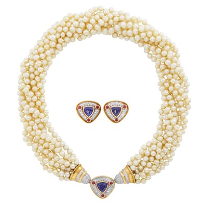 Lot 585 - Eight Strand Freshwater Pearl, Two-Color Gold, Tanzanite, Cabochon Ruby and Diamond Torsade Necklace and Pair of Earrings