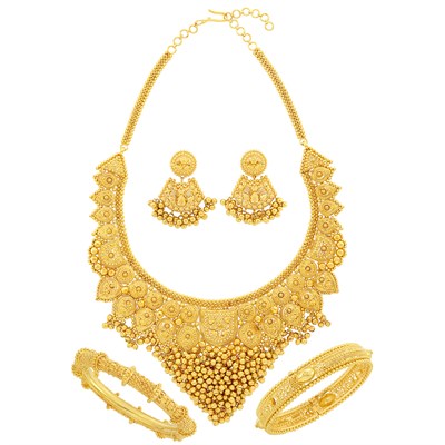 Lot 250 - High Karat Gold Fringe Necklace, Two Bangle Bracelets and Pair of Pendant-Earrings