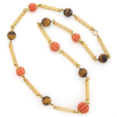 Lot 1511 - Gold, Fluted Coral and Tiger's Eye Necklace