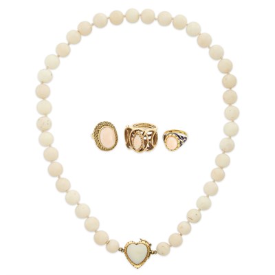 Lot 1506 - White Coral Necklace with Gold and White Coral Clasp and Three Gold and Angel Skin Coral Rings