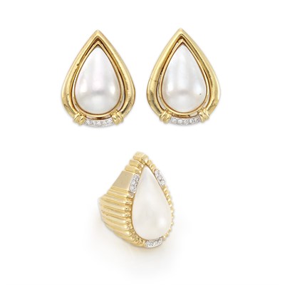 Lot 1438 - Pair of Gold, Mabé Pearl and Diamond Earrings, Ring and Fragment