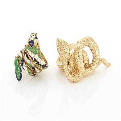 Lot 1498 - Gold Snake Ring and Gold and Enamel Coiled Snake Ring