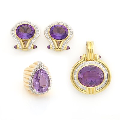 Lot 1978 - Gold, Diamond and Amethyst Pendant, Ring and Pair of Earclips